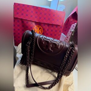 Tory Burch Fleming Quilted Convertible Shoulder Bag Wine